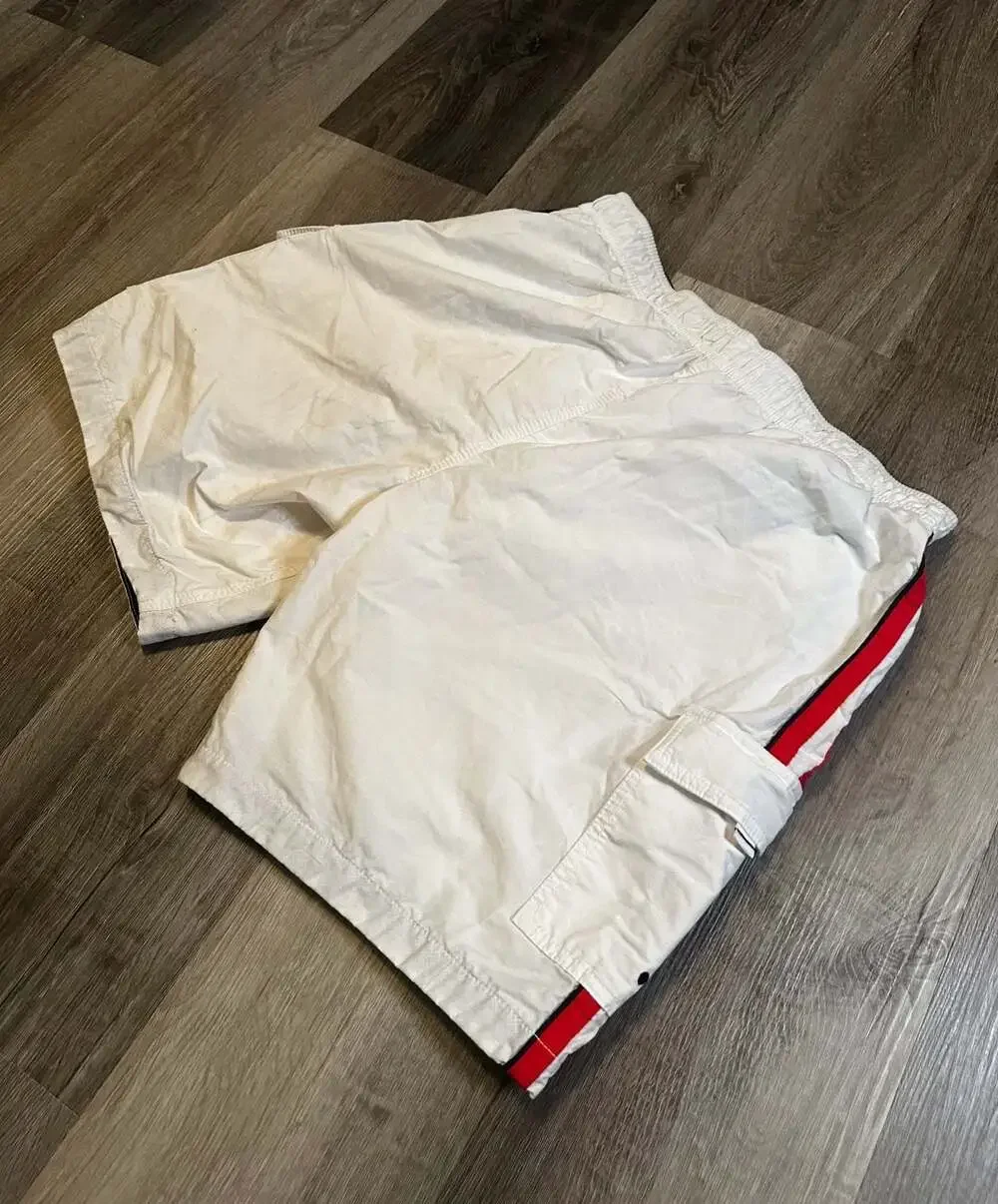 Tommy Hilfiger Men's White Cargo Swim Trunks with Red and Navy Side Stripe